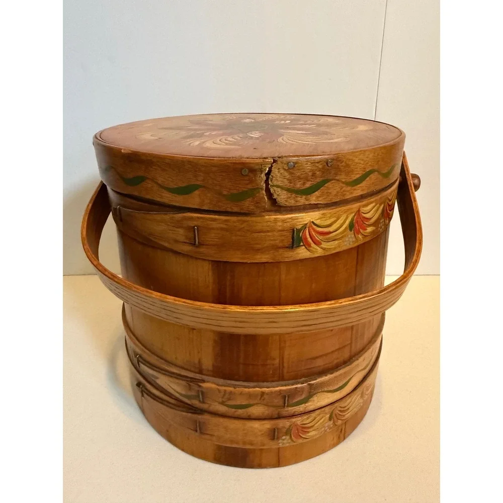 VTG Firkin Hand Painted Wooden Sewing Basket Floral Folk Art Lined Bucket Handle